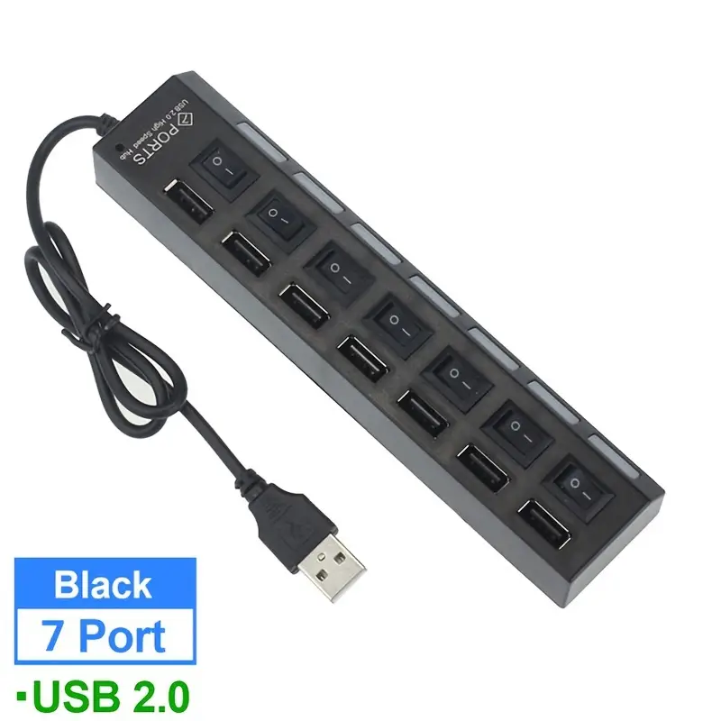 Concentrador de puertos USB 2,0 , adaptador de corriente de 7 puertos, expansor múltiple con interruptor