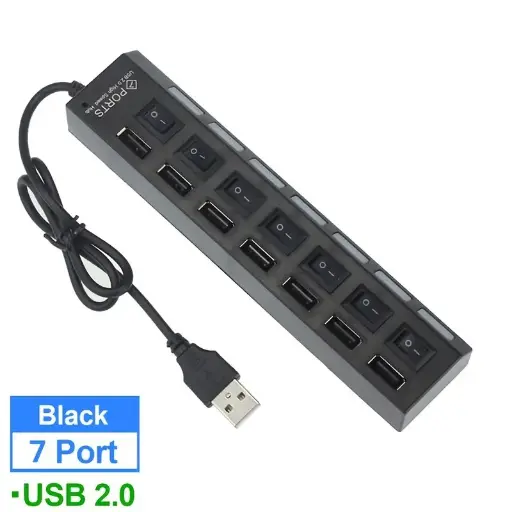 Concentrador de puertos USB 2,0 , adaptador de corriente de 7 puertos, expansor múltiple con interruptor